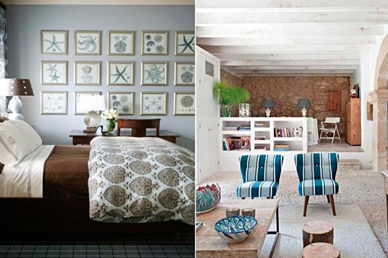 Two pictures of a bedroom with blue and white striped furniture.