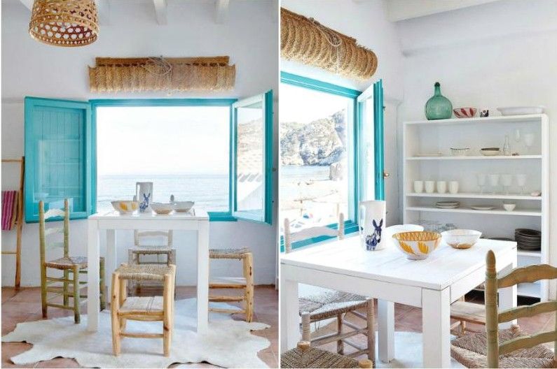 Two pictures of a kitchen with blue shutters and wicker chairs.