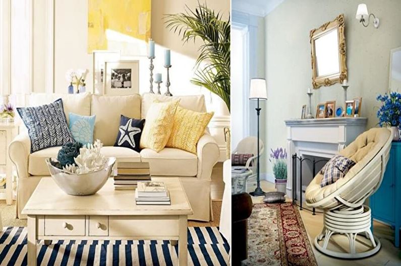 Two pictures of a living room with blue and white furniture.