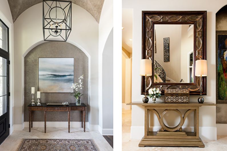 Two pictures of an entryway with a mirror and a mirror.