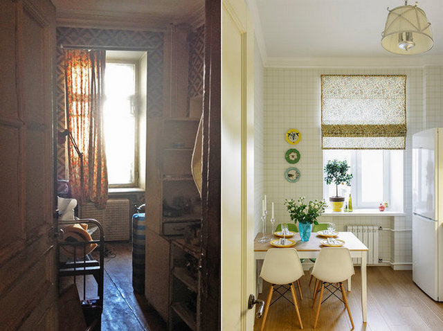 Two pictures of a kitchen and dining room.