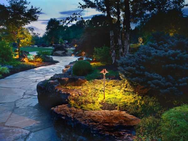 A pathway lit up at night with a stone path.