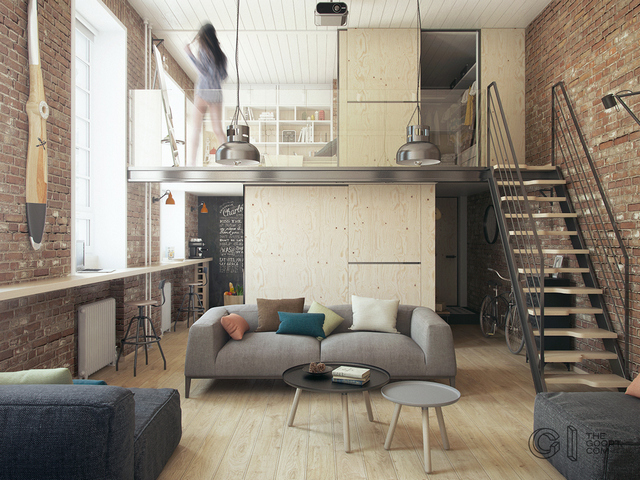 A living room with a staircase and a couch.