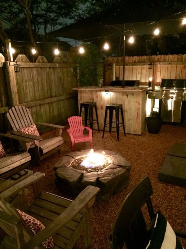 A backyard with a fire pit and chairs.