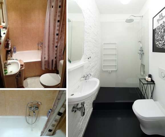 Four pictures of a bathroom with a toilet, shower and sink.