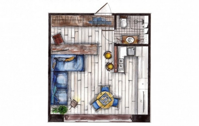 A drawing of an apartment floor plan.