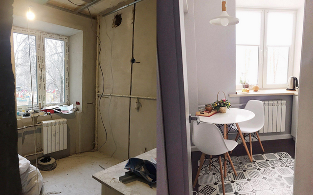 Before and after photos of a bathroom and kitchen.