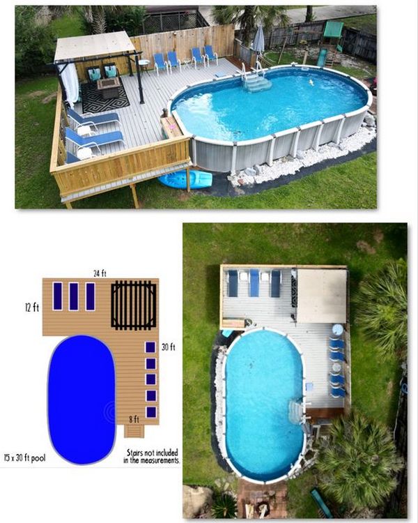 A picture of a swimming pool and a deck.