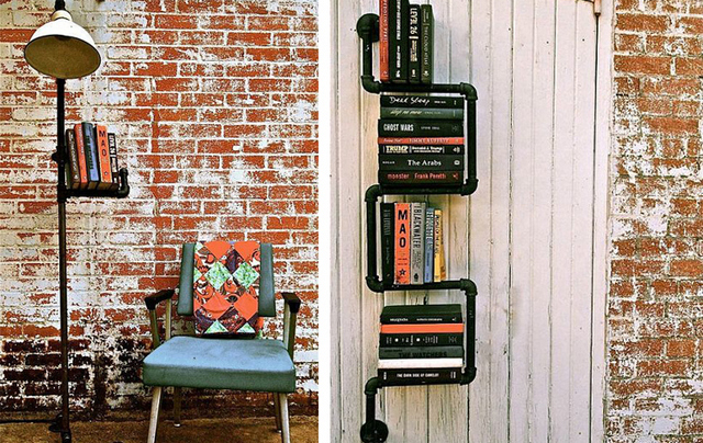 Two pictures of a book shelf and a chair next to a brick wall.