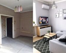 Before and after pictures of a small living room.