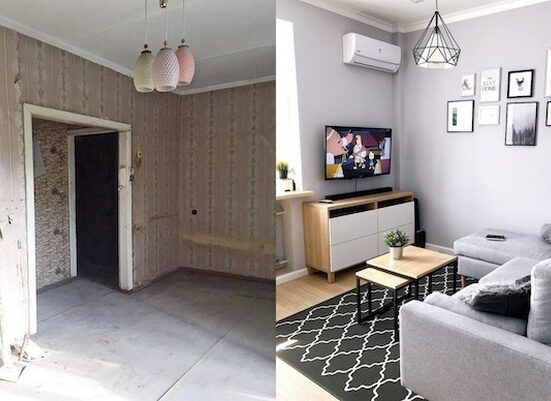 Before and after pictures of a small living room.