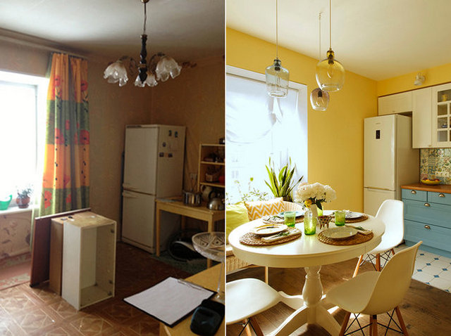 Two pictures of a kitchen and dining room.