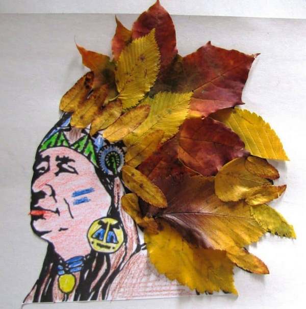 A drawing of an indian headdress made from leaves.