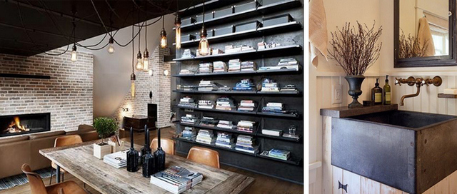 Two pictures of a living room with a fireplace and bookshelves.