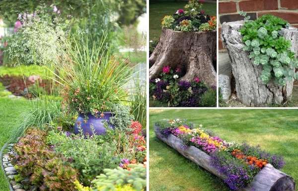 A collage of pictures of different garden planters with flowers in them.