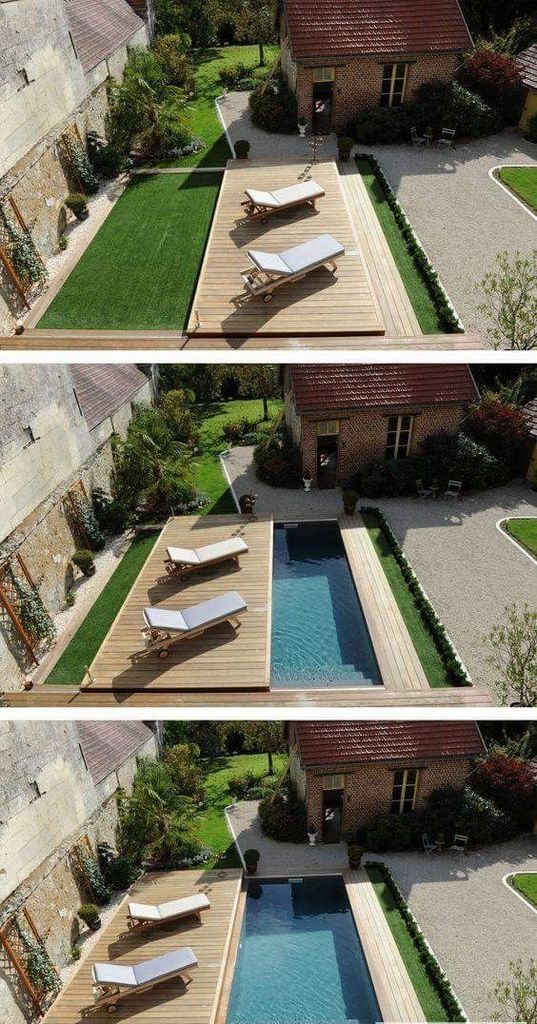 Four pictures of a swimming pool with a wooden deck.