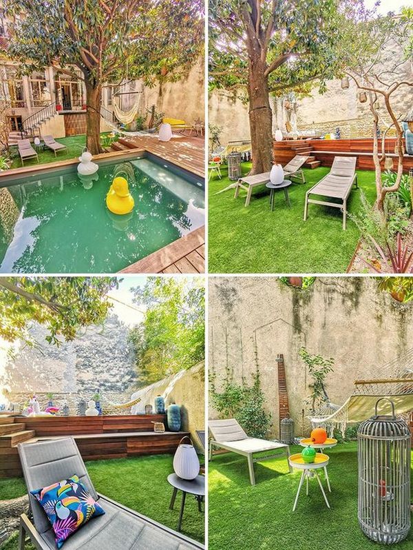 Four pictures of a backyard with a pool and a tree.