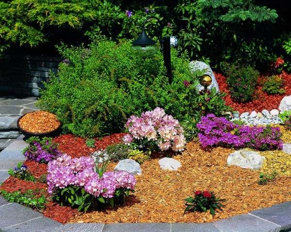 A garden with colorful flowers and rocks.