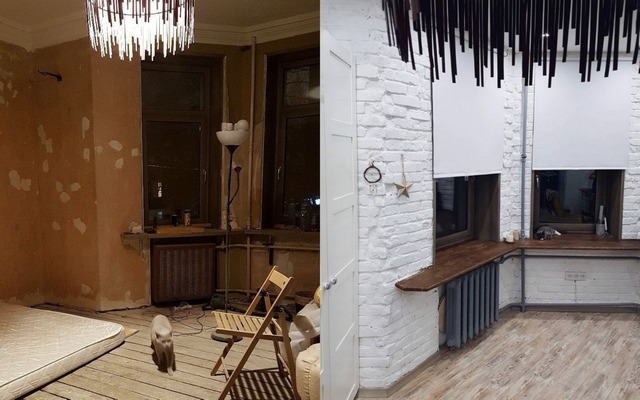 Before and after photos of a room with a chandelier.