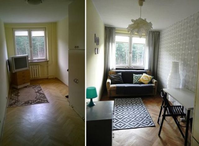 Two pictures of a living room with a couch and a table.