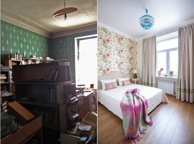 Two photos of a bedroom with a bed and bookshelves.