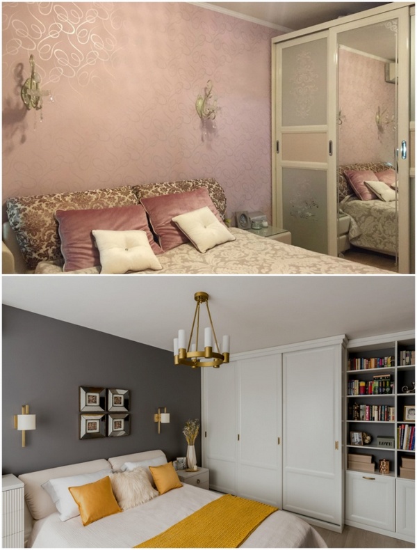 Two pictures of a bedroom with a bed and a dresser.