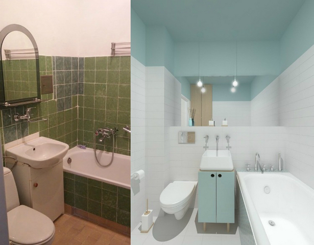 A bathroom before and after renovation.