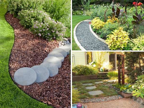 A collection of pictures of a garden with rocks and plants.