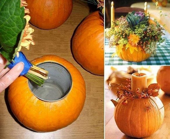 A collection of pictures showing how to make a pumpkin centerpiece.