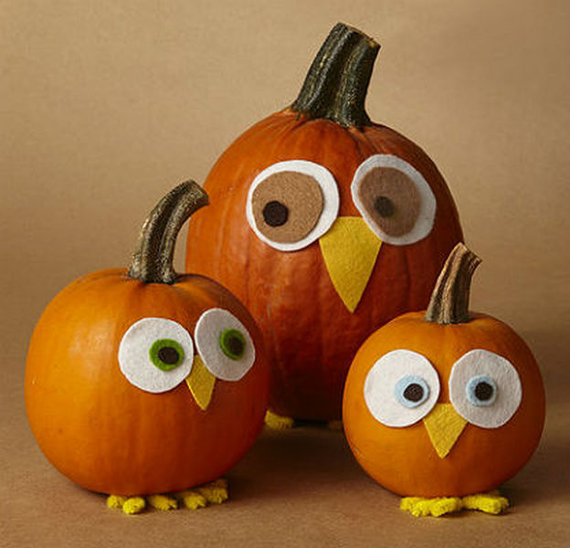 Three owl pumpkins with eyes on them.