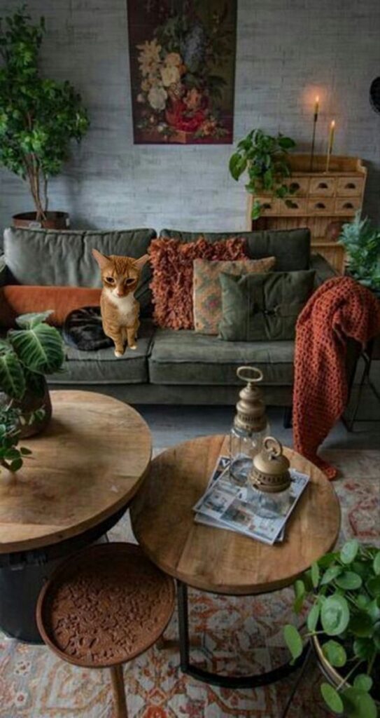 A living room with lots of plants and a couch.