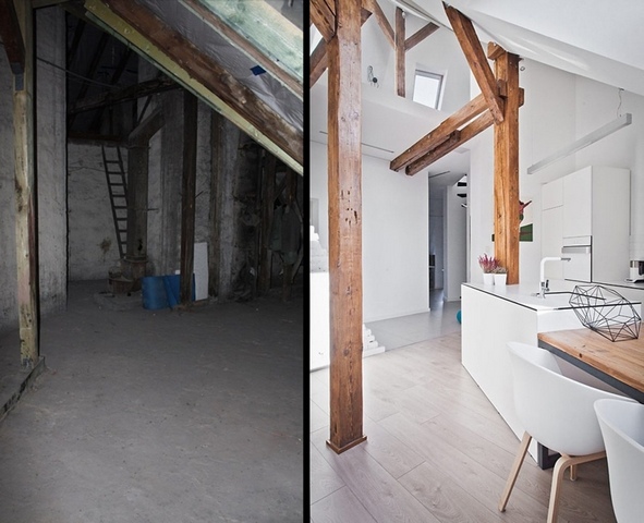 Before and after photos of a kitchen in an attic.