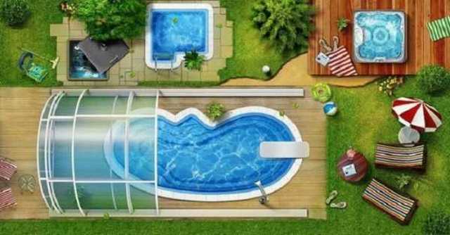 An aerial view of a swimming pool and lawn.