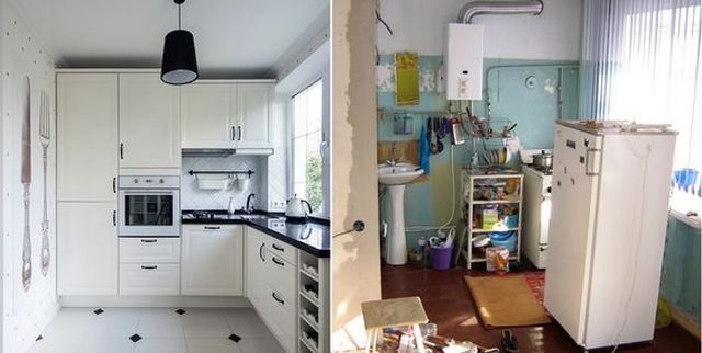 Before and after pictures of a kitchen.