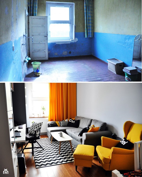 Before and after pictures of a living room.