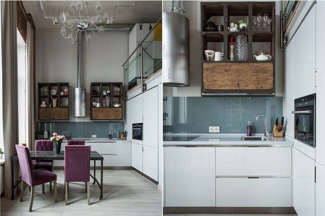 Two pictures of a kitchen with a dining table and chairs.