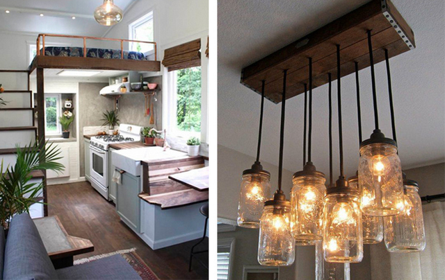 Two pictures of a tiny house with a chandelier and a kitchen.