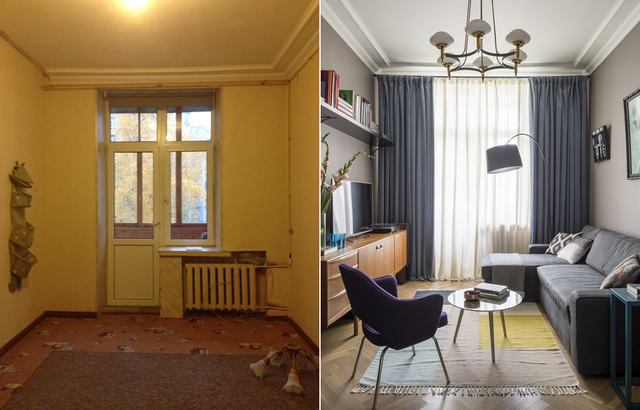 Two pictures of a living room before and after renovation.