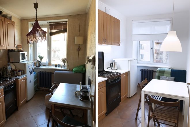 Two pictures of a kitchen before and after.