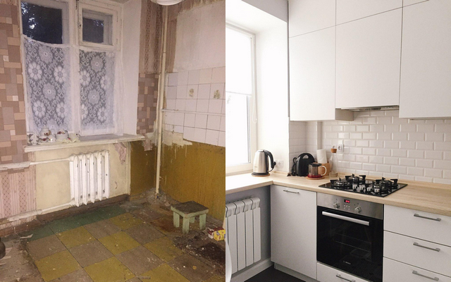 A kitchen before and after renovation.