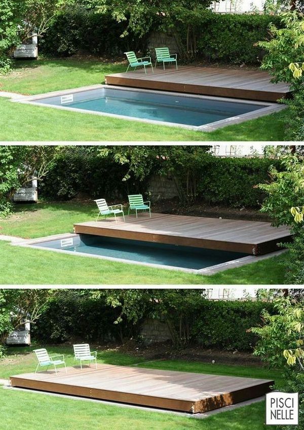 Four pictures of a swimming pool with a wooden deck.