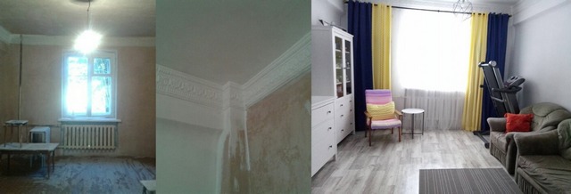 Before and after pictures of a living room.