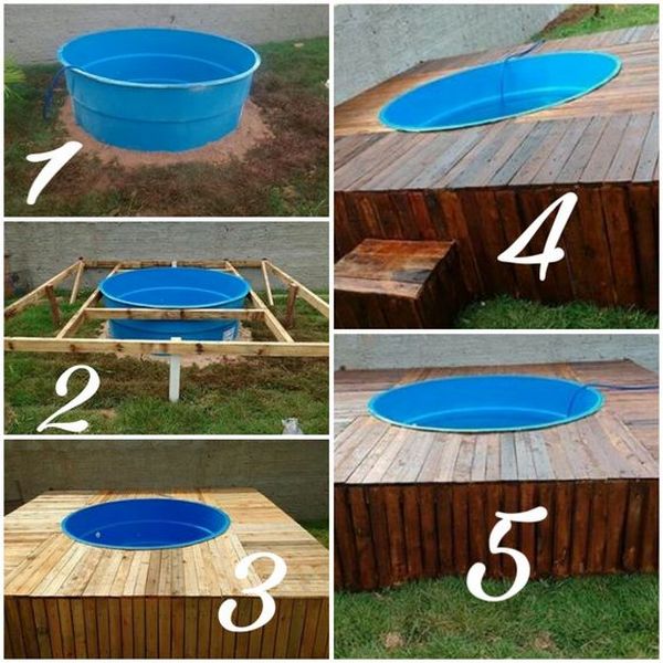 A series of photos showing how to build a wooden pool.