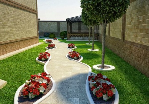 A 3d rendering of a garden with a pathway and flowers.