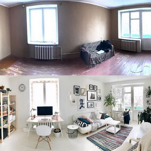 Before and after photos of a living room.