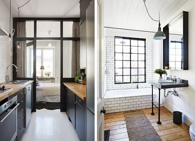 Two pictures of a small bathroom with a sink and a toilet.