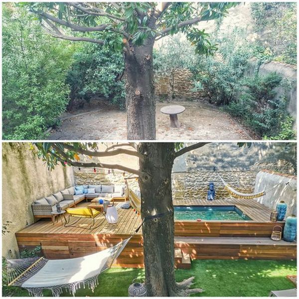 Two pictures of a backyard with a hammock and a tree.