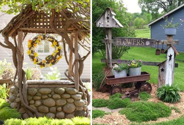Two pictures of a garden with a gazebo and flowers.