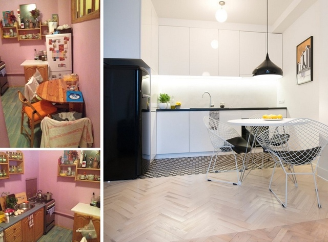 A kitchen, dining room and living room in a small apartment.