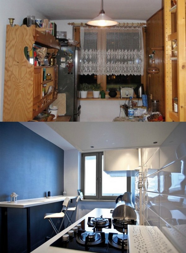 Before and after pictures of a kitchen.